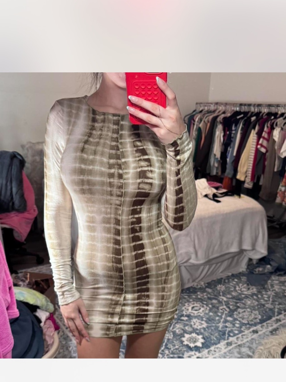 Princess Polly Olive Tie-Dye Long Sleeve Mini Dress